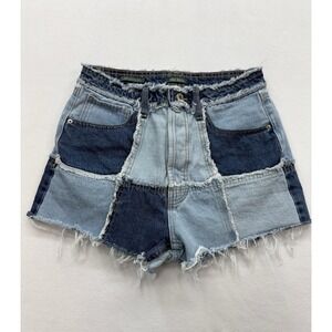 Wild Fable Women Size 4 Patchwork Denim Blue Jeans Cut Offs Button Fly Frayed